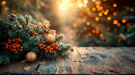 Weihnachtlicher Hintergrund mit Lichtern, Tannen und Holzdielen, made by AI