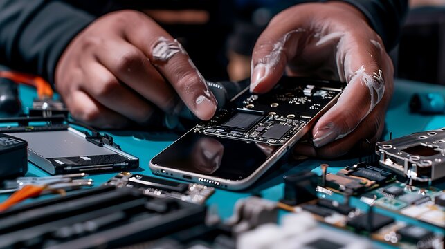 technician repairing smartphone, electronic components on worktable, technology repair
