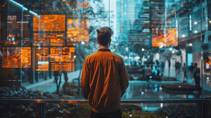 Man standing before a digital interface, blending technology and urban life with data overlay in a futuristic cityscape.