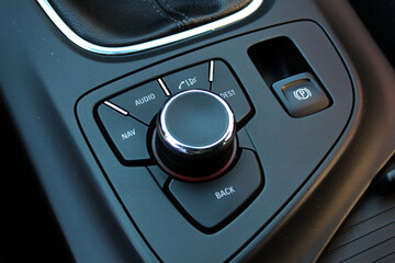 Naklejka premium Car media control buttons. Navi control button. Modern car interior and control panel. Menu multimedia system Interface button. Element Navigation GPS Telephone control button.