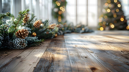 Weihnachtlicher Hintergrund mit Lichtern, Tannen und Holzdielen, made by AI