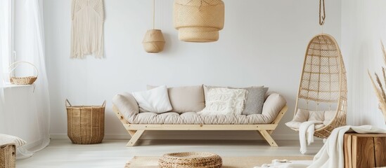 Bright living room interior with a wooden Scandinavian sofa beneath a wicker chandelier