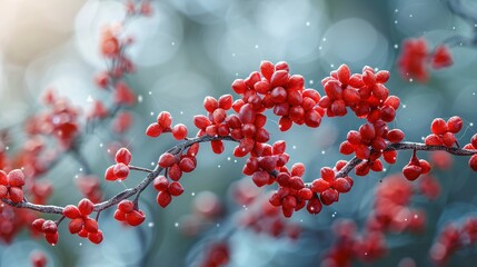   A close-up of red berries on a tree branch with water droplets on the leaves and a blurry background