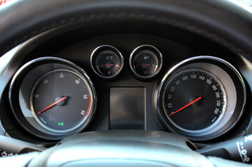Car dashboard. Dashboard details with indication lamps. Car instrument panel. Dashboard with...