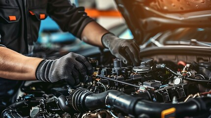 mechanic working on car engine with gloves and tools, automotive repair shop focus