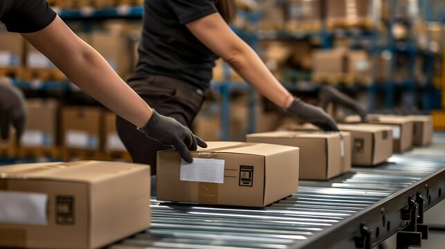 worker organizing and labeling packages on conveyor belt, logistics and shipment detail