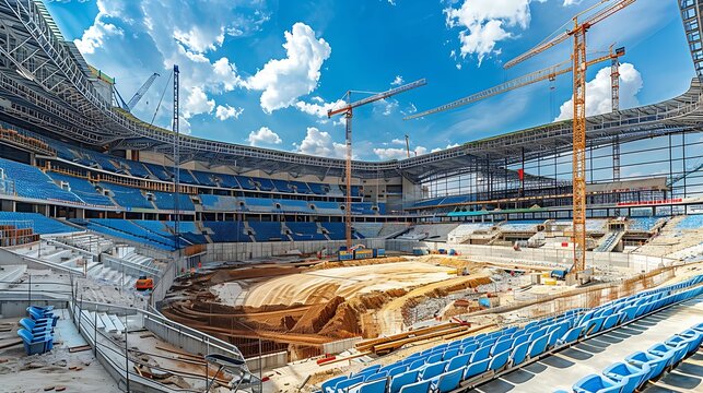 expansive stadium under construction with machinery and cranes, large-scale building