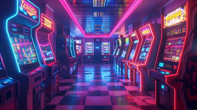 A colorful, neon-lit retro arcade with rows of classic video game machines, capturing a nostalgic, vibrant atmosphere.