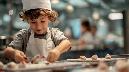 kids role-playing as chefs pretending to prepare food, in a museum setting, diverse group of kids, photo realistic