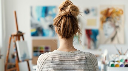 Artist in a cozy studio, viewed from behind, focusing on creative project surrounded by colorful paintings and art supplies.