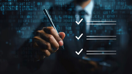 Businessman marking checkboxes on digital screen, representing checklist and task completion in a modern business environment.