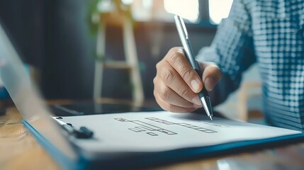 Obraz premium Close-up of a person filling out a form on a clipboard with a pen, indoors with bright daylight filtering in, showcasing productivity and focus.