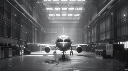 A dramatic black and white photograph of an airplane inside a spacious hangar, with light streaming through the windows.