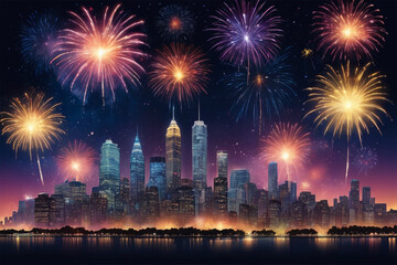 Fototapeta premium Realistic City Skyline with Vibrant Fireworks and Clear Night Sky Background