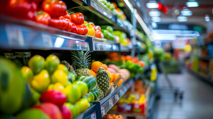 vibrant grocery store aisle with fresh vegetables and fruits, shopping cart, healthy food choice