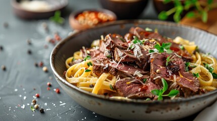 Fototapeta premium Italian sliced roast beef with pasta in spicy red wine sauce presented in a Nordic bowl with space for text