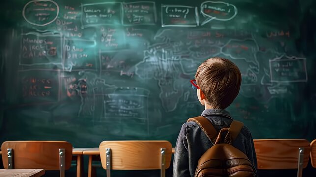 Young student wearing a backpack, standing in front of a chalkboard filled with complex equations and drawings, symbolizing education and curiosity.