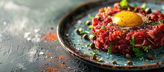 Stylish gourmet tartare made from raw beef fillet with egg and capers, showcased in close-up on an artistic plate with space for text
