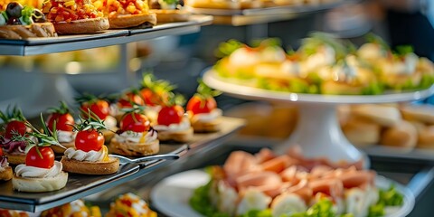 Elegant buffet party at a restaurant featuring delicious mini canapés and appetizers. Concept Buffet Party, Elegant Setup, Delicious Canapés, Appetizers, Restaurant Event