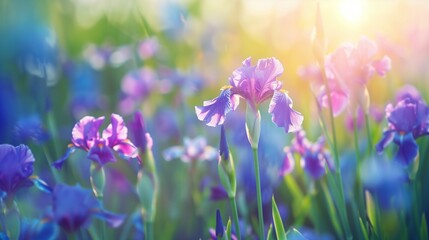 Fototapeta premium iris flowers close up, Afternoon time, whimsical and Idyllic nature. vibrant with high resolution photography, copy space for text banner background