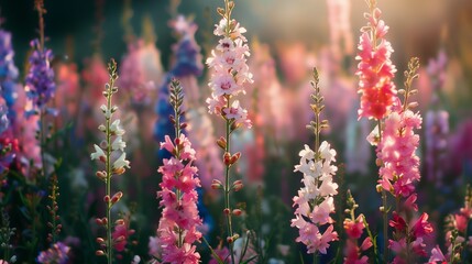 Obraz premium larkspur flowers close up, Afternoon time, whimsical and Idyllic nature. vibrant with high resolution photography, copy space for text banner background