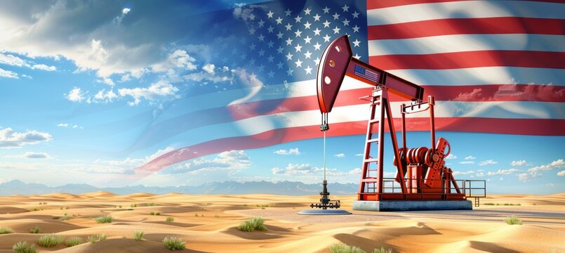 Oil pumpjack machine with America flag. Fuel energy industry. 4th of July or American independence day. Generative AI technology.