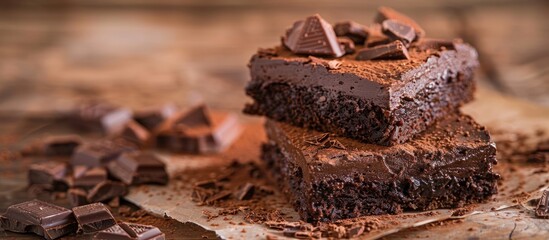 Chocolate Cake and Brownie on Wooden Background with Cocoa Pieces for Dessert.
