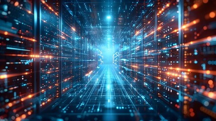 Obraz premium Futuristic Cybernetic Lattice of Pulsing Data Hubs and Interconnected Technological Flows