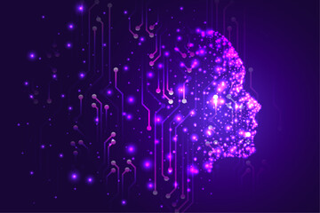 Electronic brain and Concept of artificial intelligence(AI).Graphic of a digital brain and Human head outline made from dot, connecting on dark purple background.