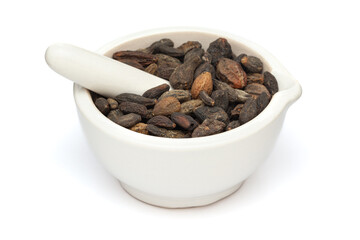 Close-up of Dry Organic Myrobalan or Harad (Terminalia chebula), in white ceramic mortar and pestle, isolated on a white background.