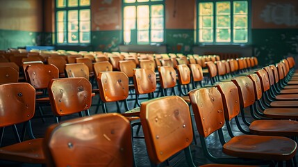 empty classroom with rows of desks and chairs, sunlight filtering through windows, quiet learning space