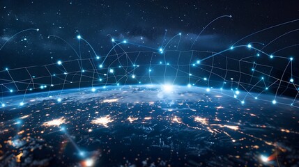 Futuristic Global Network Connectivity with Illuminated World Map and Satellite Orbits