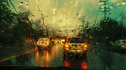 Urban Rainy Drive - Contemporary Over-the-Shoulder View with High Saturation and Vignette Effect