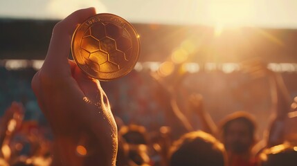Closeup of a soccer goal medal being held up high, shining with pride, symbol of victory, focus on, triumph theme, whimsical, overlay, cheering crowd backdrop