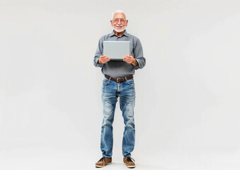 Mature man holding using laptop standing leaning on white wall, posing looking at camera.