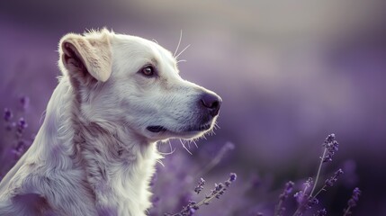 Obraz premium Closeup of a white dog sitting peacefully on a lavender purple background, serene and composed, focus on, peaceful pet theme, realistic, double exposure, minimalist backdrop