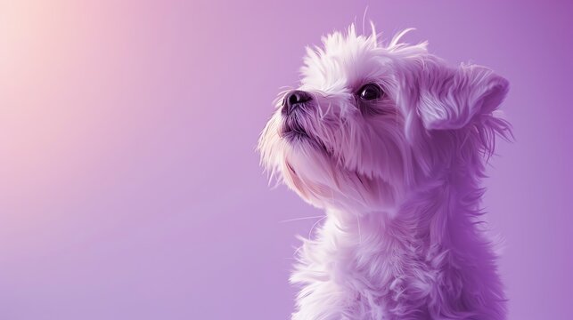 Closeup of a white dog sitting peacefully on a lavender purple background, serene and composed, focus on, peaceful pet theme, realistic, double exposure, minimalist backdrop