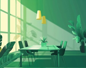 Modern green dining room interior with lush plants, stylish furniture, and ample natural light from large windows.