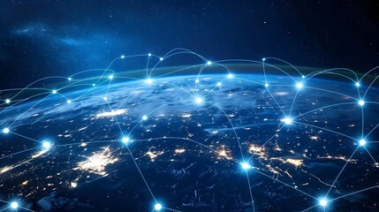 Obraz premium Global Network Connection with Bright Aerial Cityscape and Interconnected Lines