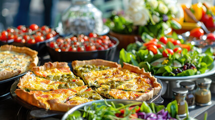 Fototapeta premium Appetizing buffet with vegetable quiche, fresh salads, and juicy cherry tomatoes in an outdoor setting