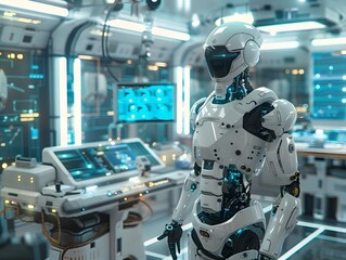 Fototapeta premium Futuristic 3D rendered image of an advanced robotic with intricate mechanical components,shiny metallic limbs,and an illuminated central processor,operating in a sleek.