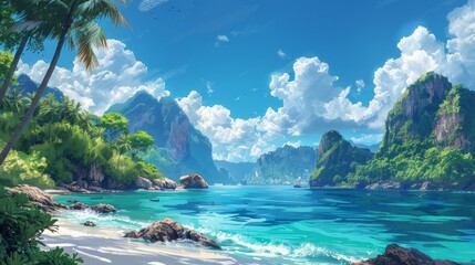 Fototapeta premium phuket thialand, in the style of lively illustrations, grandoise color scheme, flat background, AI Generative