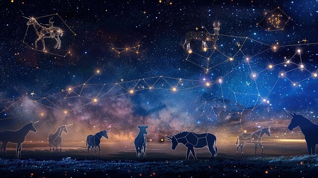 Astrology 12 Horoscope Signs with Fantasy Animals Unicorns Illustration Background Wallpaper 16:9