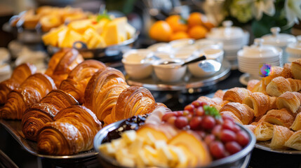 Assorted pastries and fresh fruit platter on a breakfast buffet table