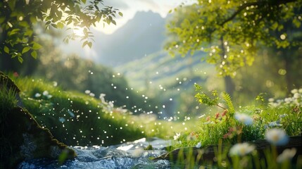 Fototapeta premium real photography, photographer style, nature is full of vigor and vitality, mountains, flowing water, small bridges, grass, AI Generative