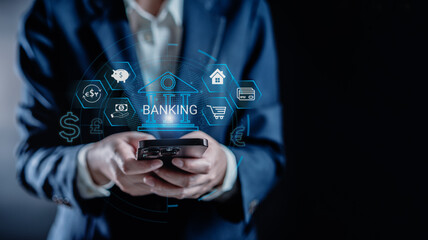 Businesswomen use smartphone connecting digital banking global network virtual, smart fintech service, exchange currency, Financial innovation technology online, financial and investment.