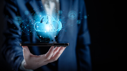 Businesswomen using a smartphone conect databases on the cloud, paperless workplace, efficiently manage files, internet technology networking connection, document management systems online concept.