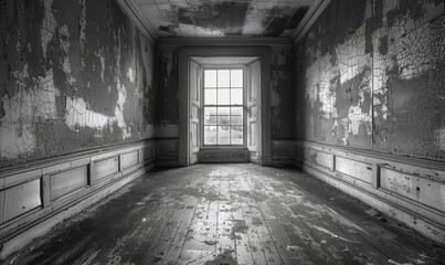 A black and white photo of a dilapidated room with peeling paint. AI.