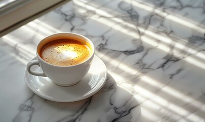 A cup of coffee on a marble counter top with sunlight. AI.