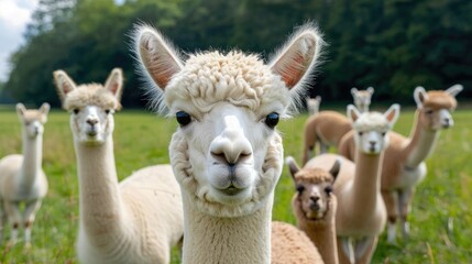 Obraz premium Alpacas grazing peacefully in a green field